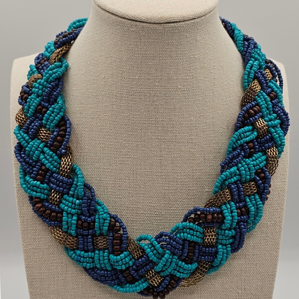 Braided Seed Bead Statement Necklace Blue Teal Gold Chunky Bib